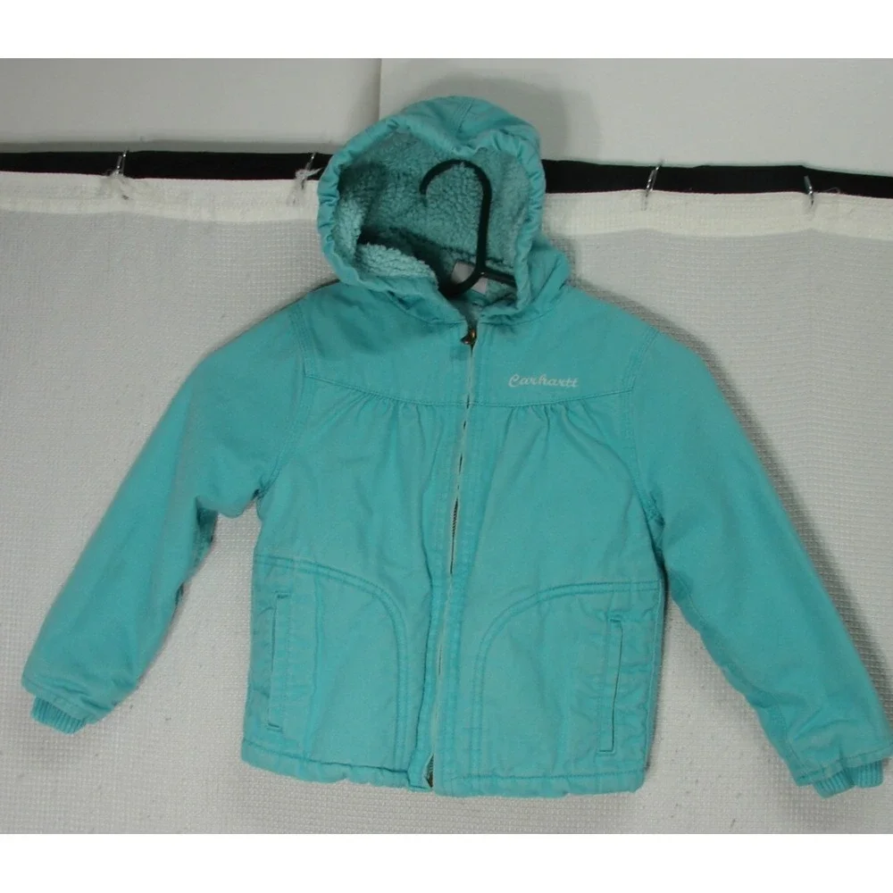 Carhartt Insulated Canvas Jacket Girls 5 Blue Sherpa Lined Hooded Full Zip